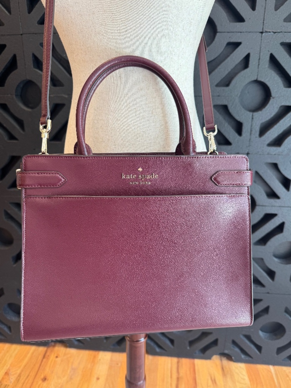 Kate Spade New York Bordeaux Saffiano Leather Satchel Crossbody Work Tote